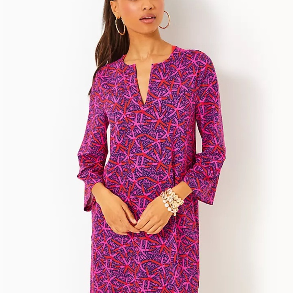 Lilly Pulitzer Johana Long Sleeve Cover Up Dress Passion Fruit pink Star Fish L